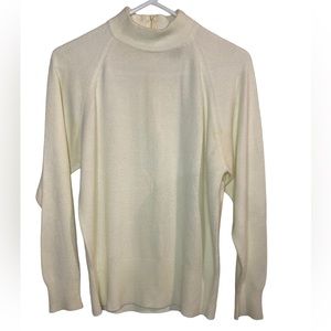 Worthington Sweater Women M Cream Mock Neck Back Zip Vintage Acrylic Raglan